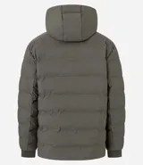 Campera puffer deportiva Get Over, color negro, con diseño sin costuras, cierre frontal por cremallera y capucha con cordón ajustable. Presenta puños elásticos y diseño acolchado.