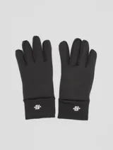 Guantes negros de poliéster con logo blanco en la muñeca.