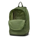 Mochila Columbia de diseño liviano y plegable, color verde militar. Cuenta con un compartimento principal con cierre, un bolsillo frontal para accesorios de acceso rápido, asa superior de agarre y correas de hombro ajustables.