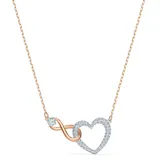 Collar Swarovski con dije entrelazado de símbolo de infinito en tono oro rosa y corazón pavé de cristales blancos, acompañado de una cadena de eslabones en acabado dorado rosado.