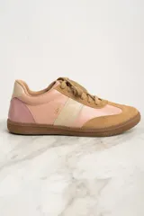 Zapatillas deportivas Lemon de cuero y gamuza color rosa, con cordones y suela de goma marrón.