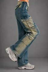 Jean cargo de corte holgado con diseño bicolor y efecto desgastado. Presenta múltiples bolsillos laterales con solapa y cierre lateral en la cintura que permite ajustar el calce.