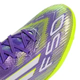Championes de fútbol 5 Adidas F50 League TF, unisex, color púrpura con detalles en blanco y amarillo limón.