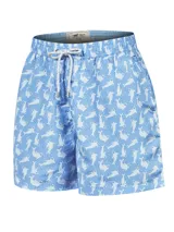 Short de baño celeste con estampado de focas blancas y lunares. Cuenta con cintura elástica, cordón ajustable, bolsillos delanteros y traseros.