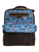 Maletín tipo mochila de cuero marrón con costuras decorativas en color azul, cierre frontal con cremallera y logo de pato grabado en el centro.