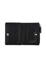 Monedero de cuero sintético color negro, con cierre de broche imantado, compartimentos para tarjetas, visor transparente para identificación y bolsillo exterior con cierre.