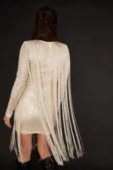 Vestido corto de manga larga confeccionado en tela con lentejuelas brillantes, caracterizado por sus largos flecos que caen desde los hombros hasta el ruedo. Presenta un corte ajustado al cuerpo y cuello redondo.