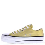 Championes Converse Chuck Taylor Lift con plataforma, color dorado con acabado brillante, cordones blancos y puntera de goma blanca.