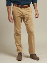 Pantalón de vestir color beige, de corte recto, con bolsillos laterales y traseros. Se ajusta a la cintura con cinturón de cuero marrón.