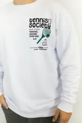 Buzo blanco de algodón con estampa frontal de raqueta de tenis y texto "Tennis Society Miami Florida Training Sessions Every Day 6-3 1982 Duxon Tournament".