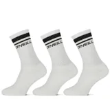Pack de tres pares de medias deportivas O'Neill de caña media, color blanco con franjas negras en el puño y logo de la marca estampado.