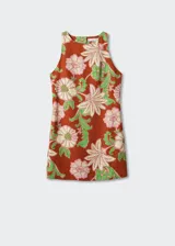 Vestido corto de lino y viscosa con cuello redondo y tirantes anchos. Presenta un diseño recto con espalda descubierta y un estampado floral en tonos marrones, verdes y rosados.