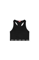 Top deportivo tipo bralette de la marca Diesel, color negro, con banda elástica inferior con el logo de la marca estampado en blanco.