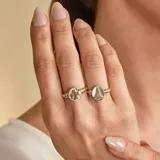 Anillo de diseño artesanal elaborado en plata 925 y oro 18k, con un dije circular central que presenta un relieve simbólico.
