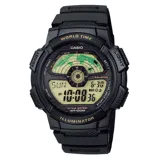 Reloj digital Casio de pulsera, color negro, con correa de resina y caja robusta. La esfera digital muestra la hora, día de la semana, y un mapa mundial analógico con indicación de hora mundial. Posee múltiples funciones como cronómetro, alarmas y luz.