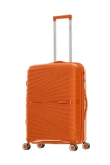 Valija rígida color naranja con diseño texturizado, carro reforzado, cierre expansible, ruedas dobles spinner 360, sujeción y compartimiento interno. Candado incorporado.