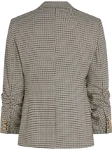 Blazer de mujer con estampado pata de gallo en tonos beige, negro y marrón. Presenta solapas de muesca, un solo botón dorado al frente y mangas largas con efecto fruncido.