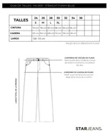 Pantalón de jean azul de corte recto y amplio, con tablas marcadas al frente y lavado azul con fuertes localizados.