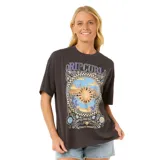 Remera negra de algodón con estampado circular en el frente que incluye el logo de Rip Curl, un paisaje con el sol y la inscripción "Crafted for the search. Quality product".