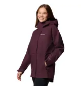 Campera impermeable larga Columbia modelo Hikebound II Long, color bordó, con capucha ajustable, cierre frontal con solapa, cintura ajustable con cordón y bolsillos con cierre. Cuenta con tecnología Omni-Tech.