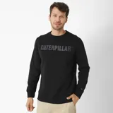 Buzo negro de cuello redondo con el logo de Caterpillar estampado en el pecho en color gris oscuro. Presenta un pequeño triángulo amarillo bordado en la manga izquierda y cuello y bajo de punto elástico.
