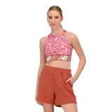 Top deportivo New Balance Relentless Crop Bra con estampado animal print en tonos rosa y marrón. Cuenta con tirantes finos, espalda deportiva y logo de la marca en la banda inferior.