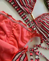 Conjunto de bikini con estampado de rayas horizontales en tonos rosados y oscuros. El corpiño es tipo triángulo con tirantes finos ajustables y un detalle metálico dorado en el centro. La bombacha es de corte regulable con lazos laterales y tiene un borde festoneado.
