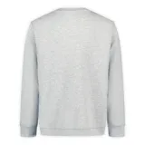 Buzo de cuello redondo Merrell, color gris melange, con estampa frontal temática de montaña y bosque en tonos verdes y blancos, y texto 'Hike More'.