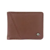 Billetera plegable de cuero marrón Volcom modelo Pay-A-Pal Leather Bifold, con costuras decorativas y pequeña insignia metálica frontal con el logo de la marca.