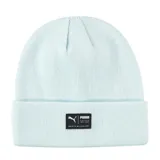 Gorro tipo beanie de punto en color gris oscuro jaspeado, con vuelta y parche rectangular frontal con el logo de la marca Puma.