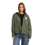 Canguro Roxy Hibiscus verde militar, con cierre frontal completo, capucha con cordón ajustable, bolsillos tipo canguro y pequeño estampado floral en el pecho.