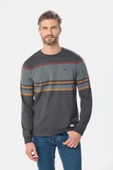 Remera de manga larga con diseño de rayas horizontales en tonos azules, grises y bordó. Presenta cuello redondo y un pequeño logo bordado en el pecho.