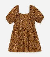 Vestido corto de viscosa con estampado de leopardo, escote cuadrado y mangas cortas abullonadas.