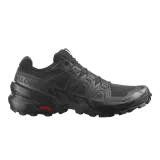 Championes Salomon Speedcross 6 de color negro, diseñados específicamente para trail running. Presentan una estructura robusta y técnica, capellada sintética y textil con refuerzos termosellados, sistema de cordones de ajuste rápido Quicklace y suela con tacos profundos para máxima tracción en terrenos difíciles.