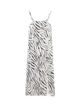 Vestido midi con tirantes finos ajustables, escote cuadrado y diseño sin mangas con estampado de cebra en blanco y negro.