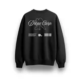 Buzo negro de algodón con interior confortable y calce relajado. En la espalda presenta un diseño en blanco con la inscripción "Dropz Corp." en tipografía script, la silueta de un ángel en trazo fino, texto pequeño y un código de barras. En el frente, lleva un logo sutil de Dropz al pecho.