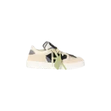 Zapatillas bajas Off-White modelo 3.0 Court, en tonos beige, blanco, negro y gris, confeccionadas en cuero y malla, con suela de goma blanca acanalada y brida icónica verde claro.