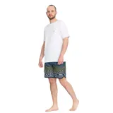 Short de baño con diseño de líneas onduladas en degradado de azul a amarillo. Presenta cintura fija con cordón de ajuste y corte regular.