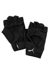 Guantes de entrenamiento sin dedos Puma TR ESS Gloves, color negro, con diseño ergonómico, palma acolchada para mayor agarre y protección, cierre ajustable con velcro y logo reflectante de la marca.