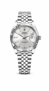 Reloj de pulsera para hombre con diseño clásico Datejust, esfera plateada con función de calendario y lupa, bisel estriado y brazalete metálico de eslabones tipo Jubilee.