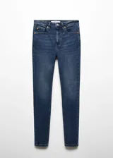 Jeans de corte skinny y tiro alto, confeccionados en tejido denim de algodón con elastano. Presentan diseño clásico de cinco bolsillos, cierre de cremallera con botón y trabillas en la cintura.