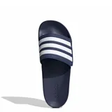 Sandalias unisex Adidas modelo Adilette Shower Velcro, color azul marino con tres franjas blancas en la tira superior ajustable con velcro y logo de la marca en el lateral.