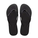Sandalias tipo ojota Havaianas modelo Slim Glitter II, color negro, con tiras finas decoradas con glitter y logo de la marca en relieve.