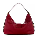 Bolso de hombro mediano de cuero sintético texturizado color rojo, con correa de hombro delgada y herrajes dorados. Presenta un cierre frontal decorativo con el logo 'G' de Guess.