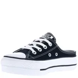 Zuecos Converse Mule Lift color negro, con plataforma blanca y cordones blancos. Presentan el logo de Converse All Star en la lengüeta y la puntera reforzada de goma blanca.