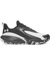 Championes Under Armour Lockdown 8, de diseño deportivo en color negro y blanco, con suela de goma con patrón marmolado y detalles reflectantes.