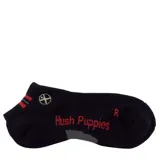Medias tobilleras de color negro con detalles en rojo y gris, con el logo de la marca Hush Puppies bordado en el lateral.