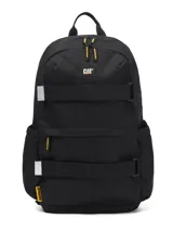 Mochila Cat modelo Melbourne Urban color negro, con dos compartimentos principales con cierre, correas ajustables, compartimento acolchado para portátil, bolsillos laterales elásticos y correas frontales para skateboard.