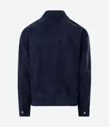 Campera Harrington de gamuza sintética color verde oscuro, de manga larga, con cuello camisero y cierre frontal completo.