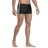 Malla de natación Adidas negra con tres rayas blancas en los laterales y logo estampado en la pierna izquierda.